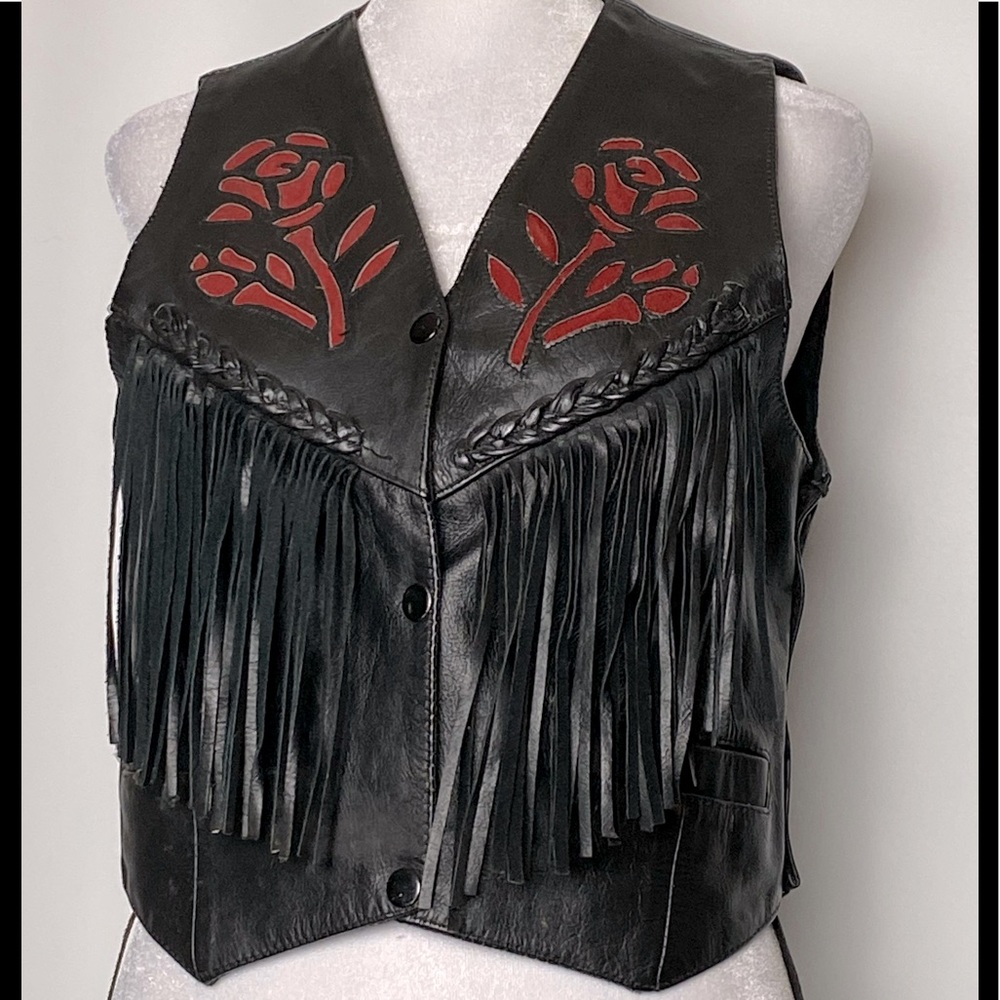 Black Leather Fringe Vest with Red Accents